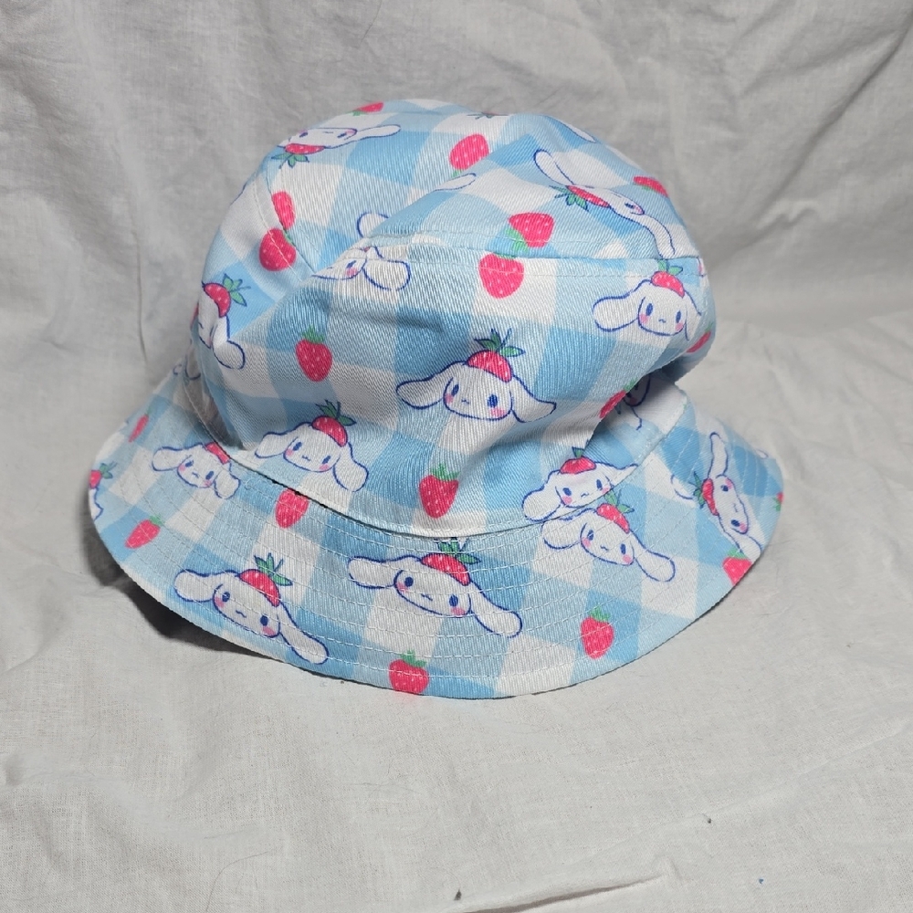 Sanrio Blue and White Checkered Bucket Hat with Cinnamoroll Strawberry Design